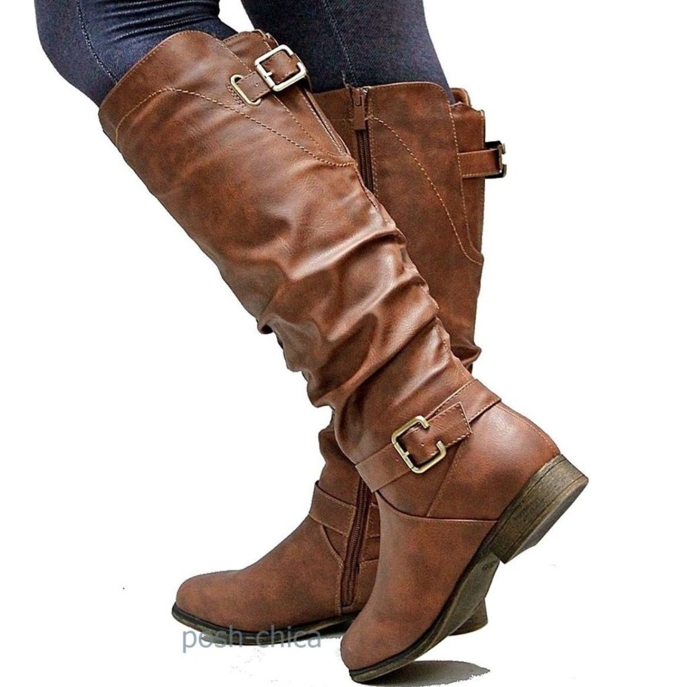New Tan Scrunched Ruched Knee High Riding Boots - Picture 2 of 4